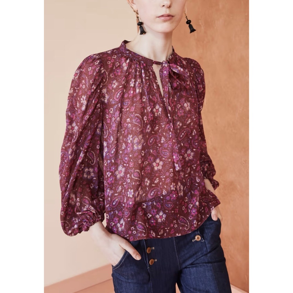 Ulla Johnson Carmine Blouse Womens 0 Silk Purple Paisley Sheer‎ Preppy